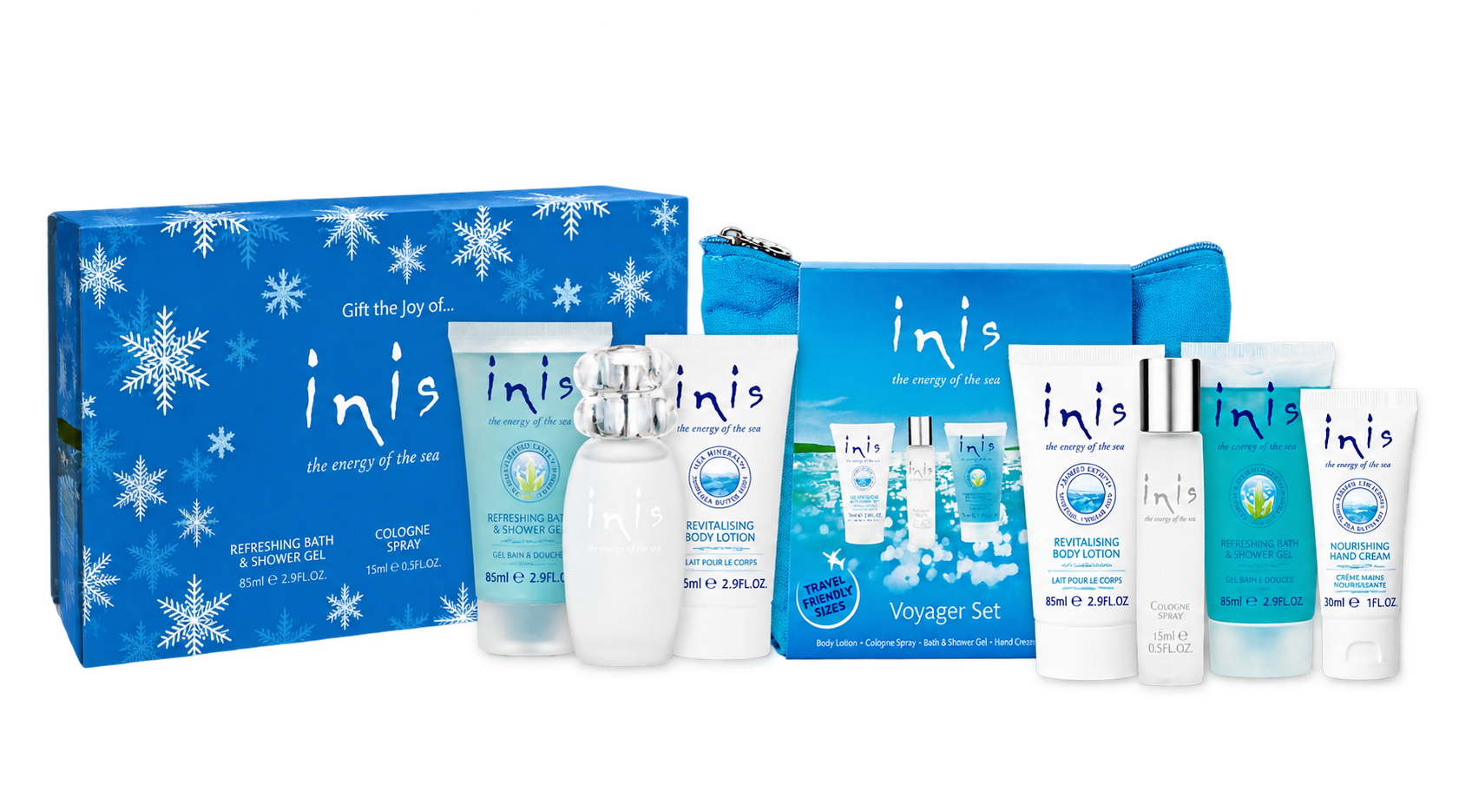 Inis Ocean Love Christmas and Voyager gift sets arranged directly on the coastal holiday scene